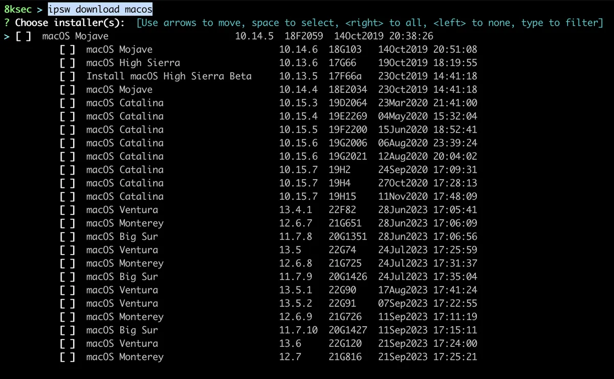 IPSW download macOS command output listing available macOS IPSW files for download