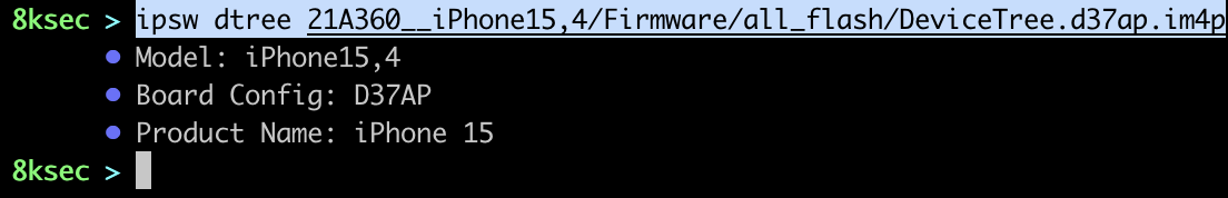 IPSW dtree output displaying the parsed DeviceTree structure with hardware properties