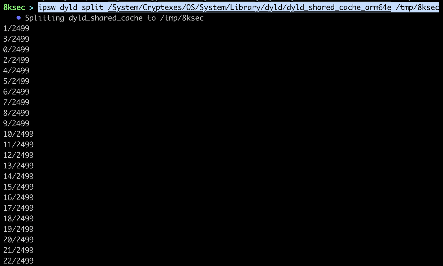 Terminal command extracting a dylib from the local macOS dyld_shared_cache using IPSW