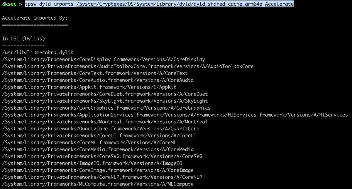 IPSW dyld imports output listing all dylibs imported by a specific framework in the shared cache