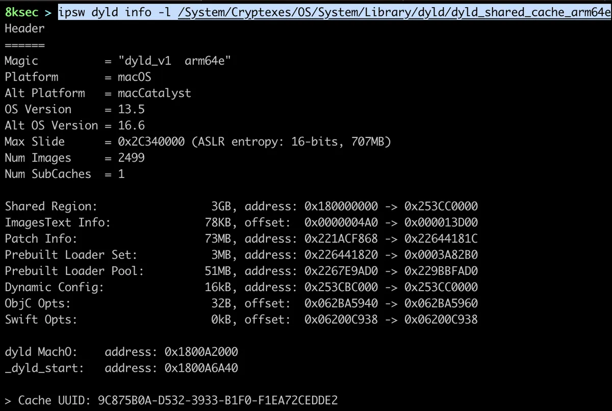 IPSW dyld info command output showing dyld_shared_cache metadata including platform and UUID