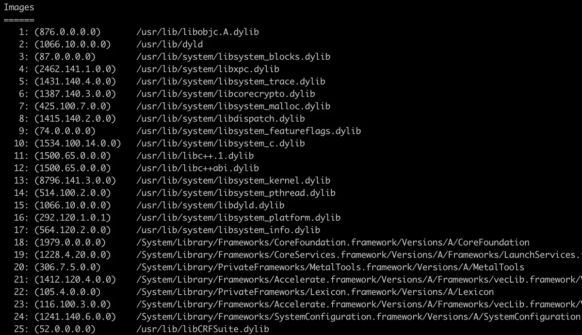 IPSW dyld info images output listing all dylib images embedded in the dyld_shared_cache