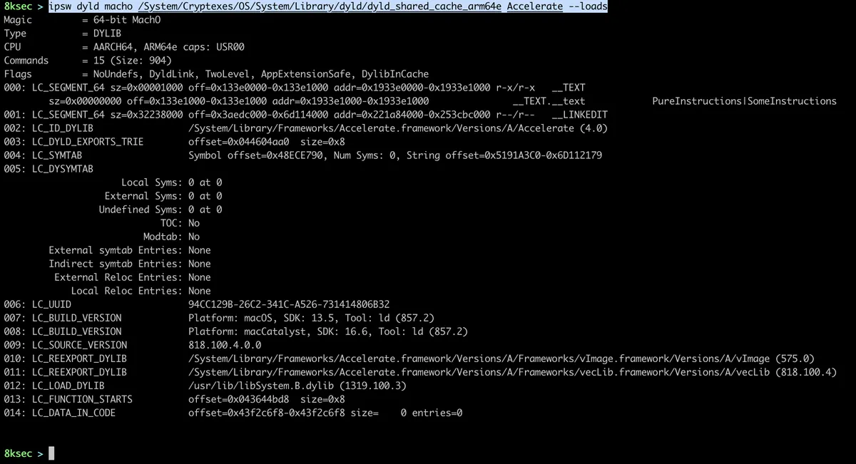 IPSW dyld macho command output showing Mach-O header information for a dyld_shared_cache image