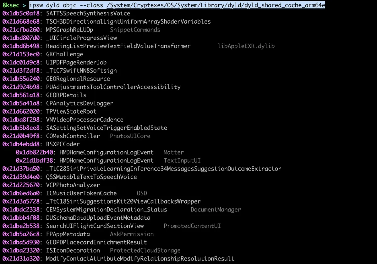 IPSW dyld objc command output listing Objective-C classes and protocols from a dyld_shared_cache image