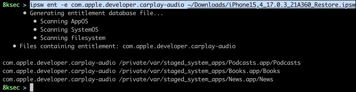 IPSW ent search command output searching for entitlements across all binaries in an IPSW