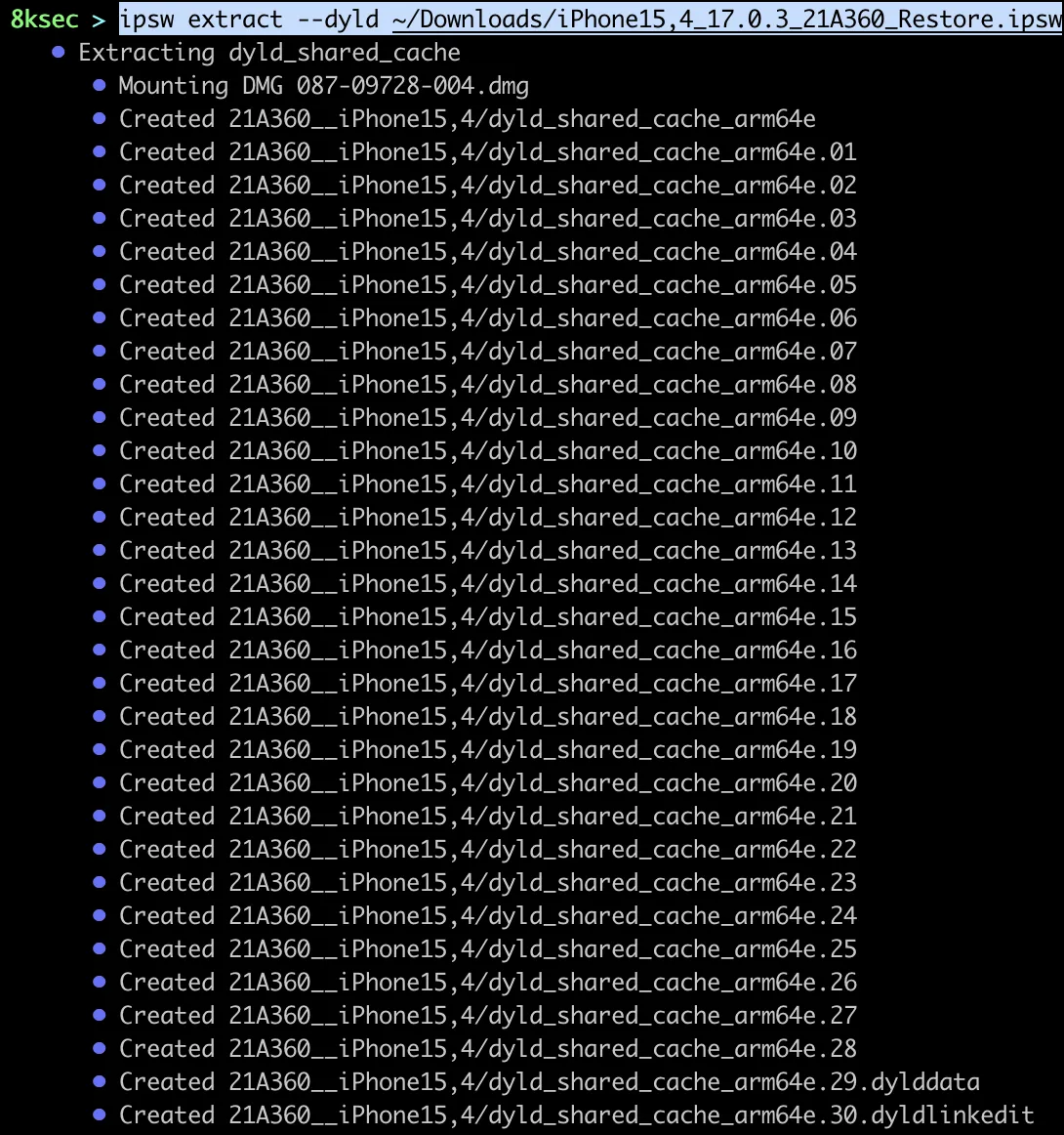IPSW extract command pulling the dyld_shared_cache from a downloaded IPSW