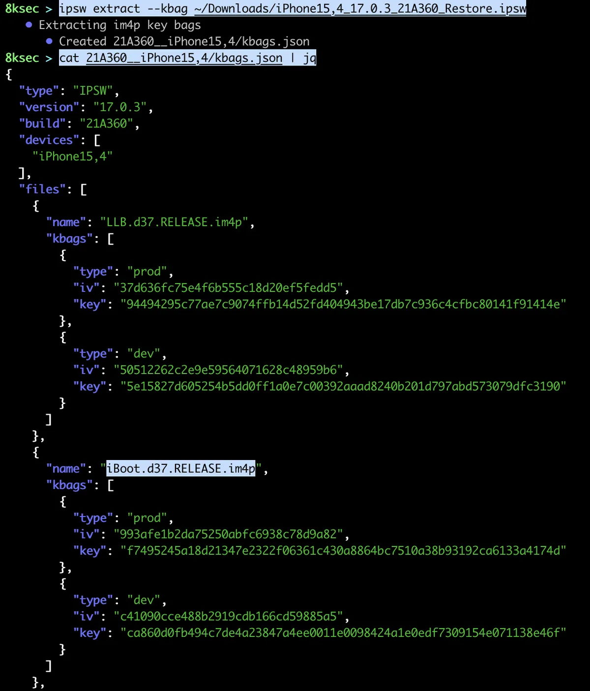 IPSW extract kbag output showing encrypted key bags from an IPSW firmware component
