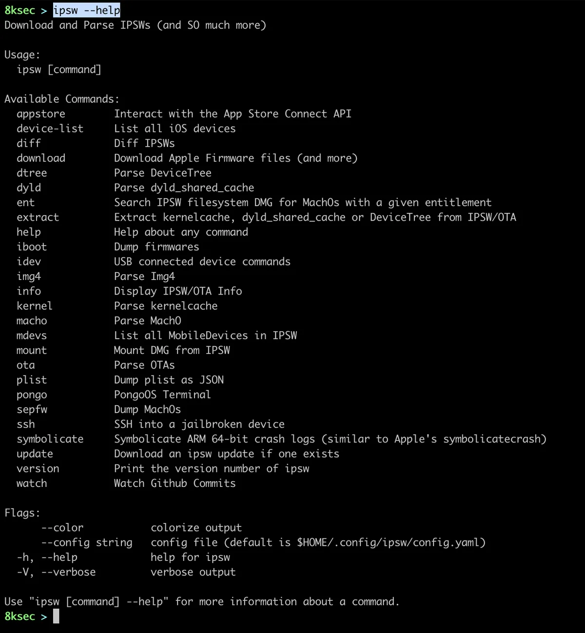IPSW tool help output showing all available commands and options