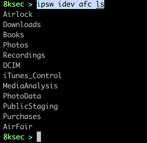 IPSW idev afc ls command listing files on a connected iOS device via the Apple File Conduit (AFC) protocol