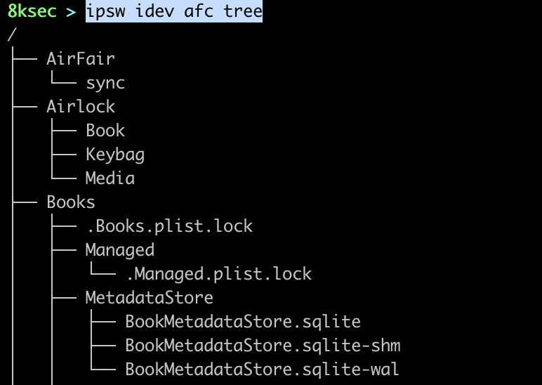 IPSW idev afc tree output showing the directory tree of an iOS device filesystem over AFC