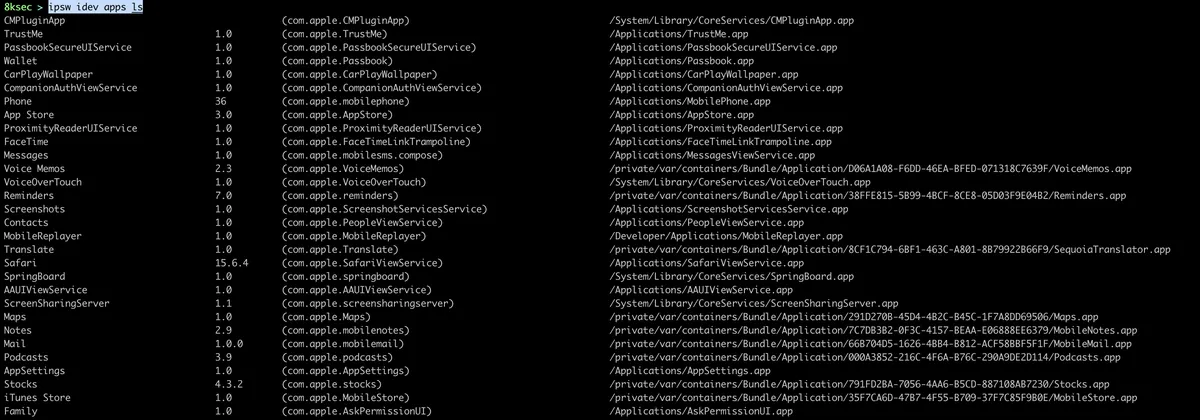 IPSW idev apps ls output listing all installed applications on a connected iOS device