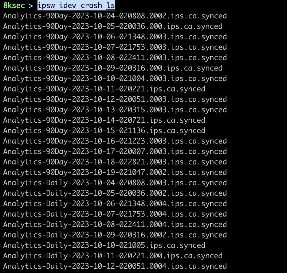 IPSW idev crash ls output listing crash logs available on a connected iOS device