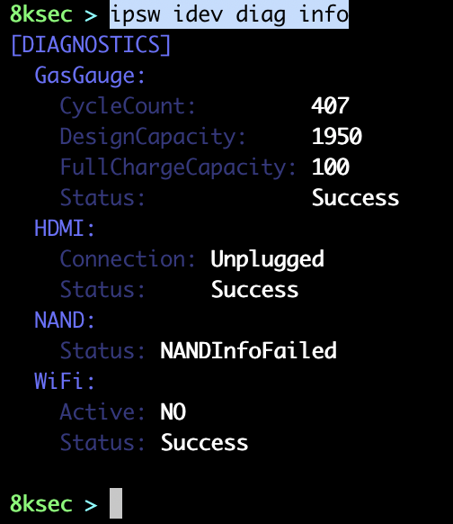 IPSW idev diag info output displaying diagnostic information and device properties from a connected iOS device