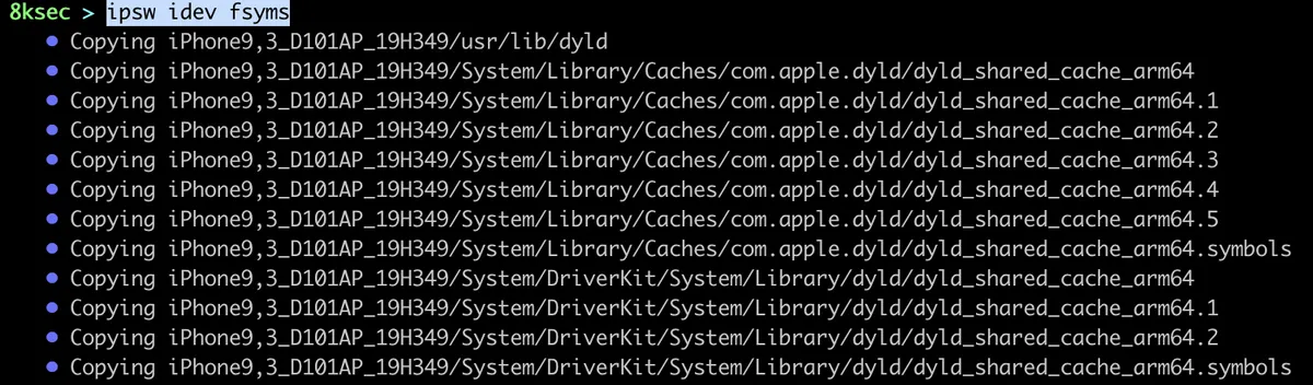 IPSW idev fsyms command fetching filesystem symbols from a connected iOS device for debugging