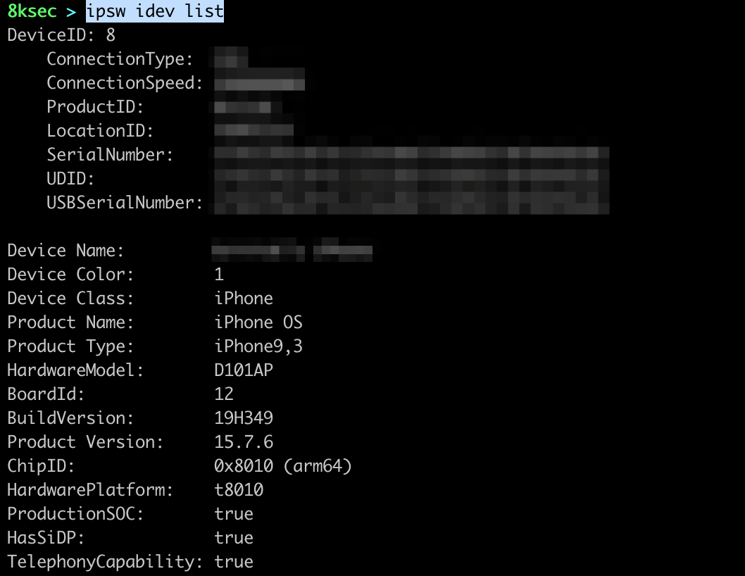 IPSW idev list output showing all connected iOS and iPadOS devices with their UDIDs