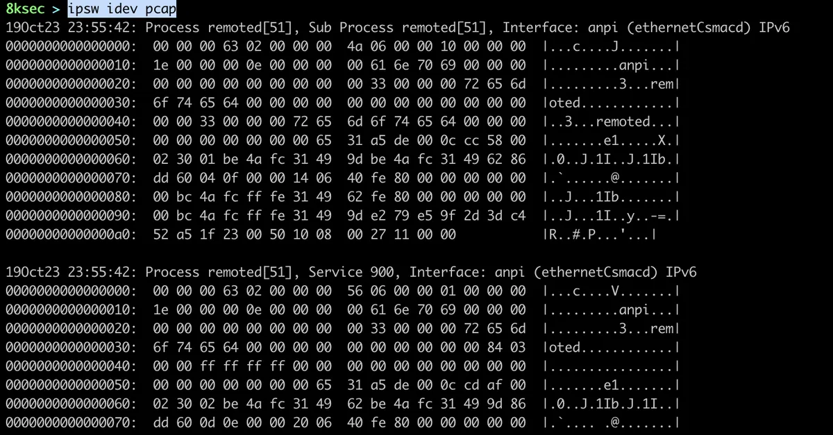 IPSW idev pcap command capturing network traffic from a connected iOS device into a pcap file
