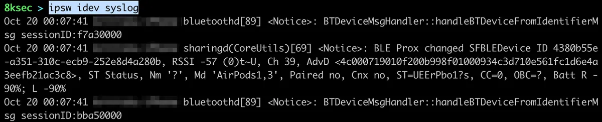 IPSW idev syslog command streaming the system log from a connected iOS device in real time