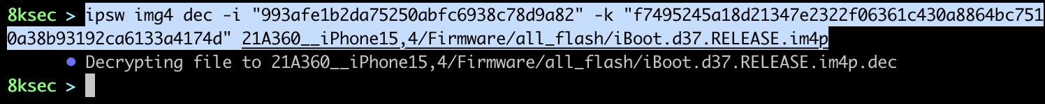 IPSW img4 dec command decrypting an IMG4 firmware component using extracted keys