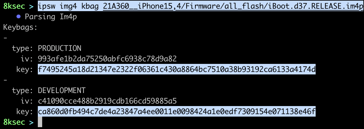 IPSW img4 kbag output showing the key bag and IV from an IMG4-format firmware component