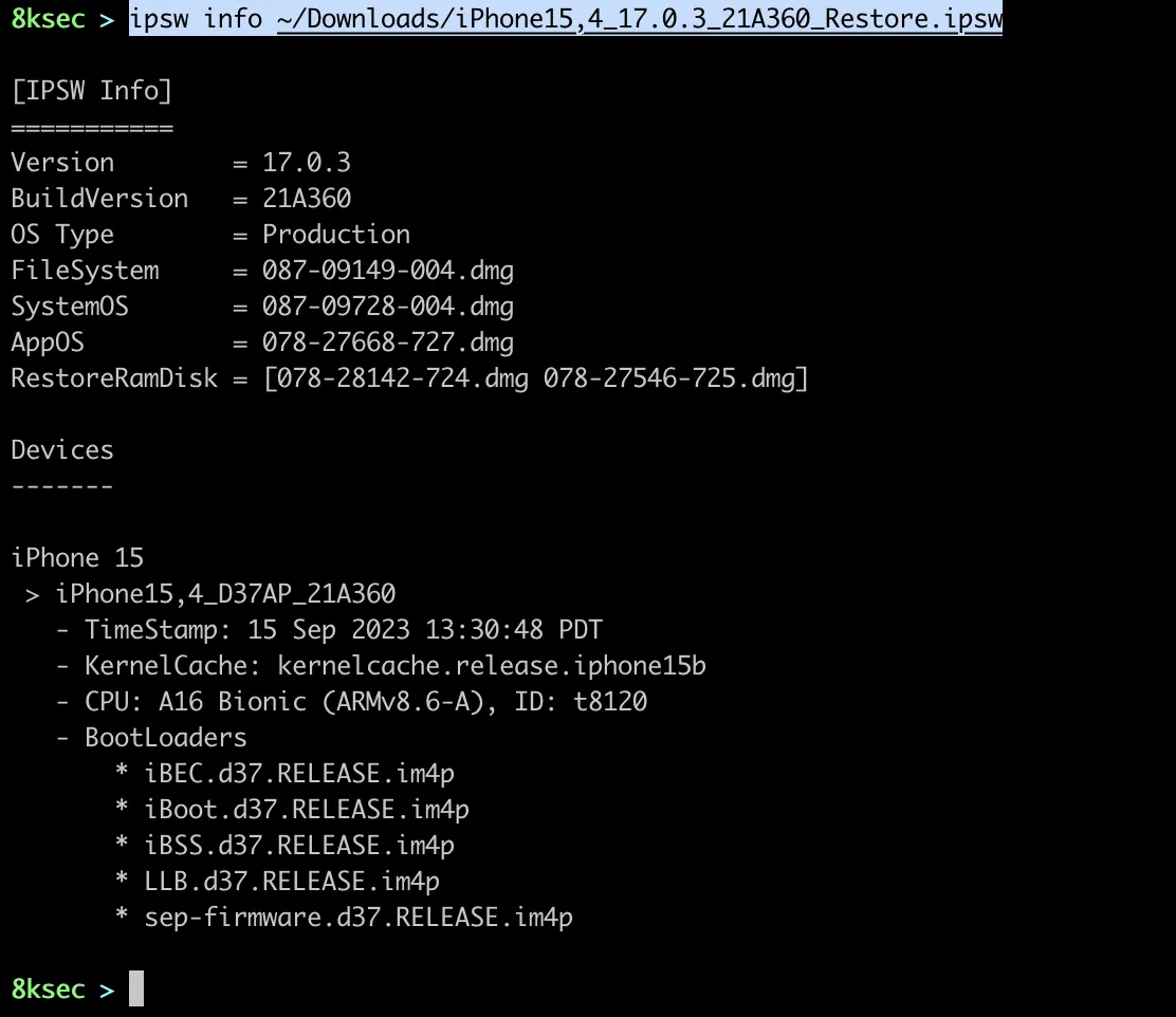 IPSW info command output displaying metadata about an IPSW file including build number and device support