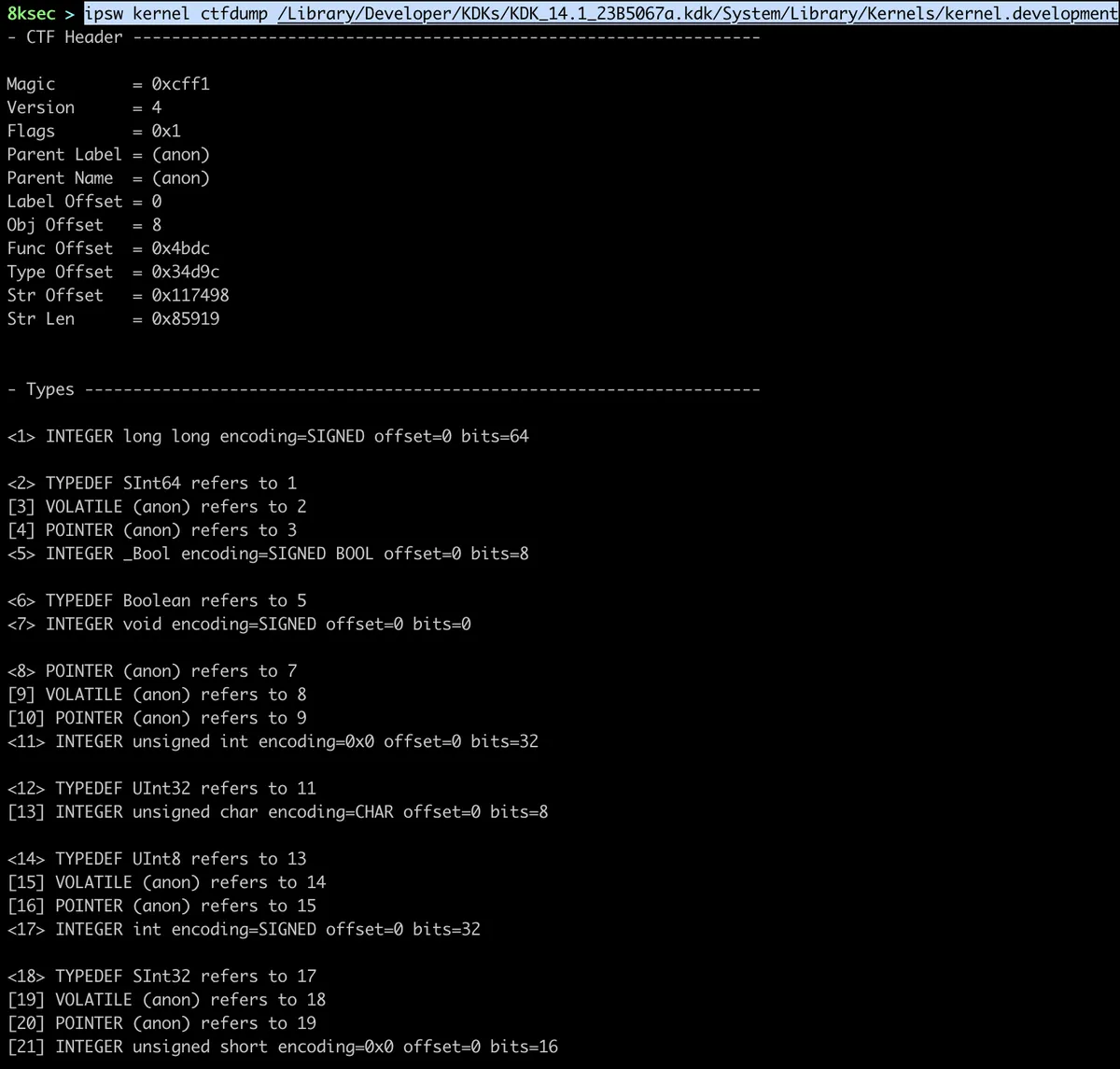 IPSW kernel ctfdump command extracting CTF (Compact Type Format) debug information from a kernelcache