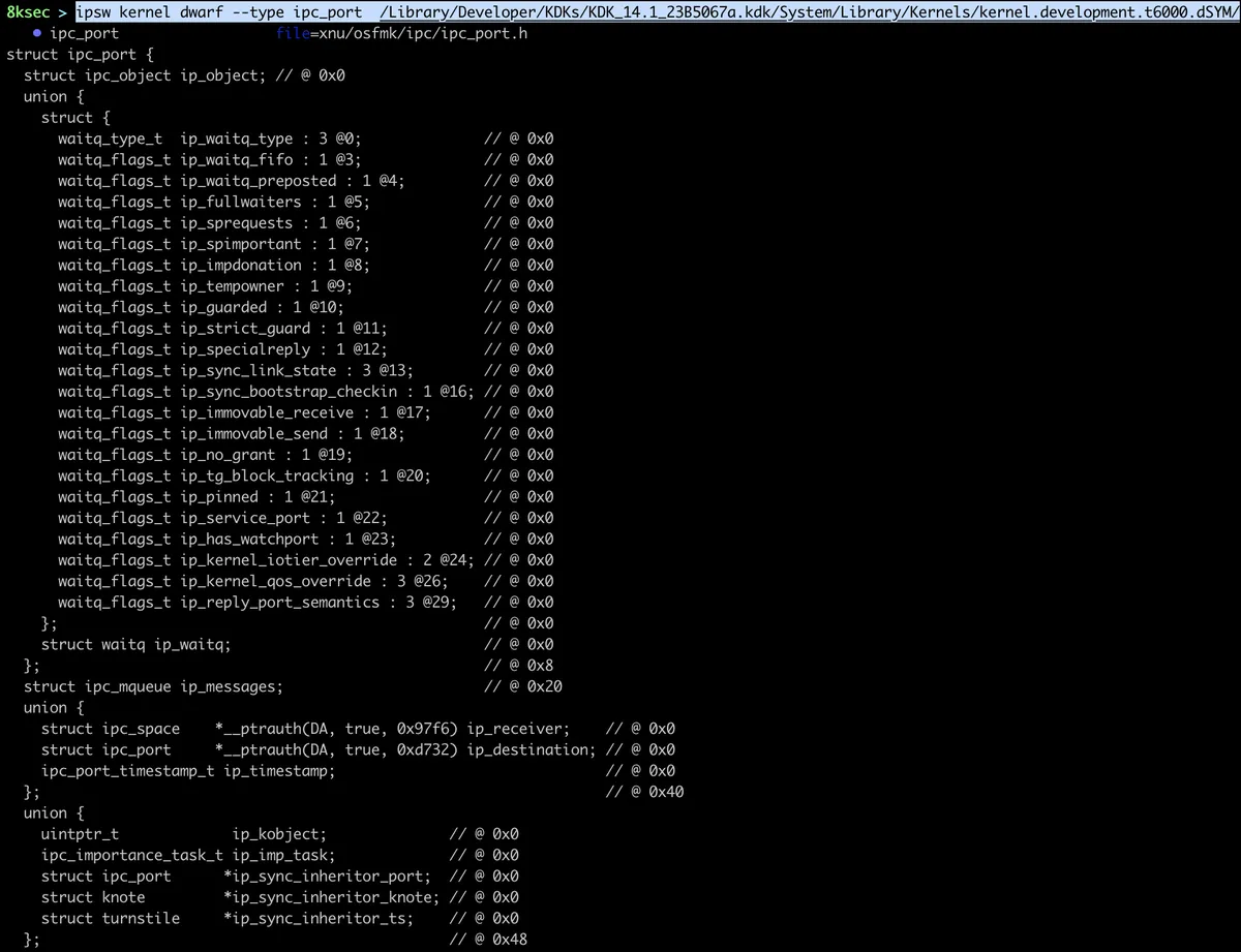 IPSW kernel dwarf command extracting DWARF debug symbols from a kernelcache file
