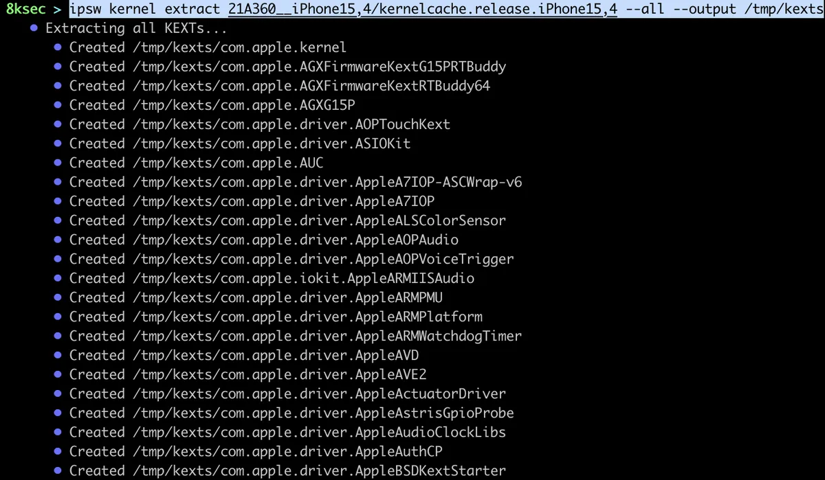 IPSW kernel extract command extracting a specific KEXT binary from a kernelcache