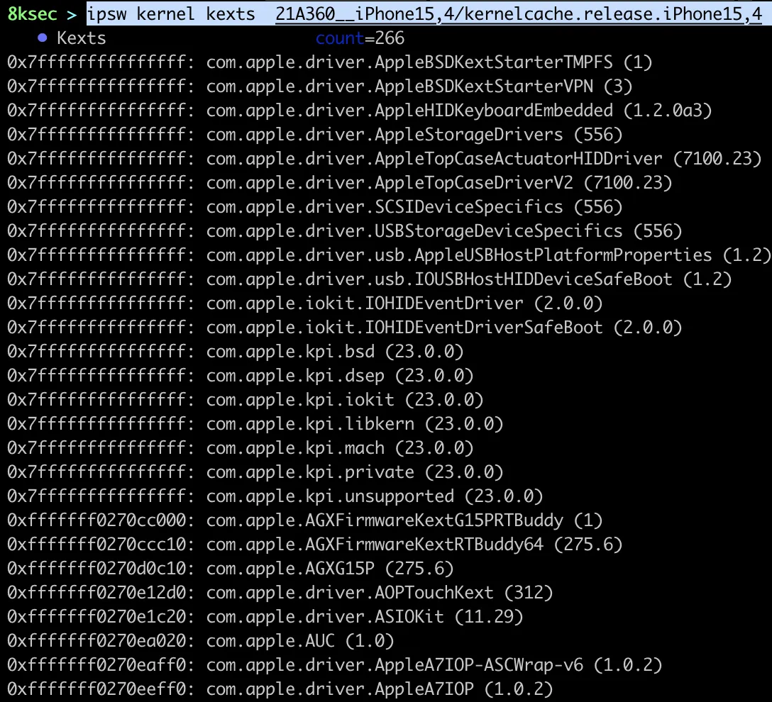 IPSW kernel kexts command listing all kernel extensions (KEXTs) embedded in a kernelcache