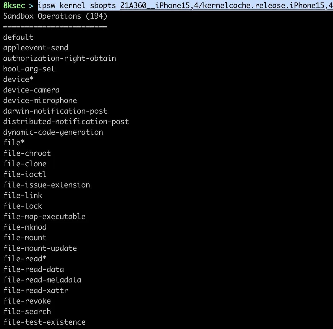 IPSW kernel sbopts command listing sandbox policy options compiled into the kernelcache