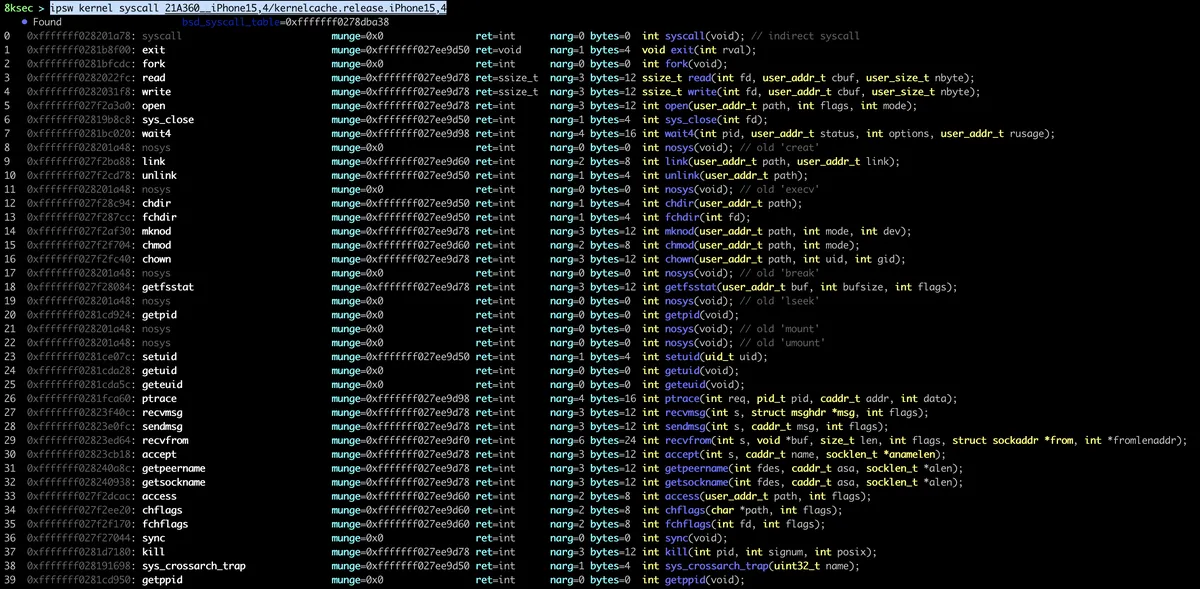 IPSW kernel syscall command dumping the syscall table from an iOS kernelcache