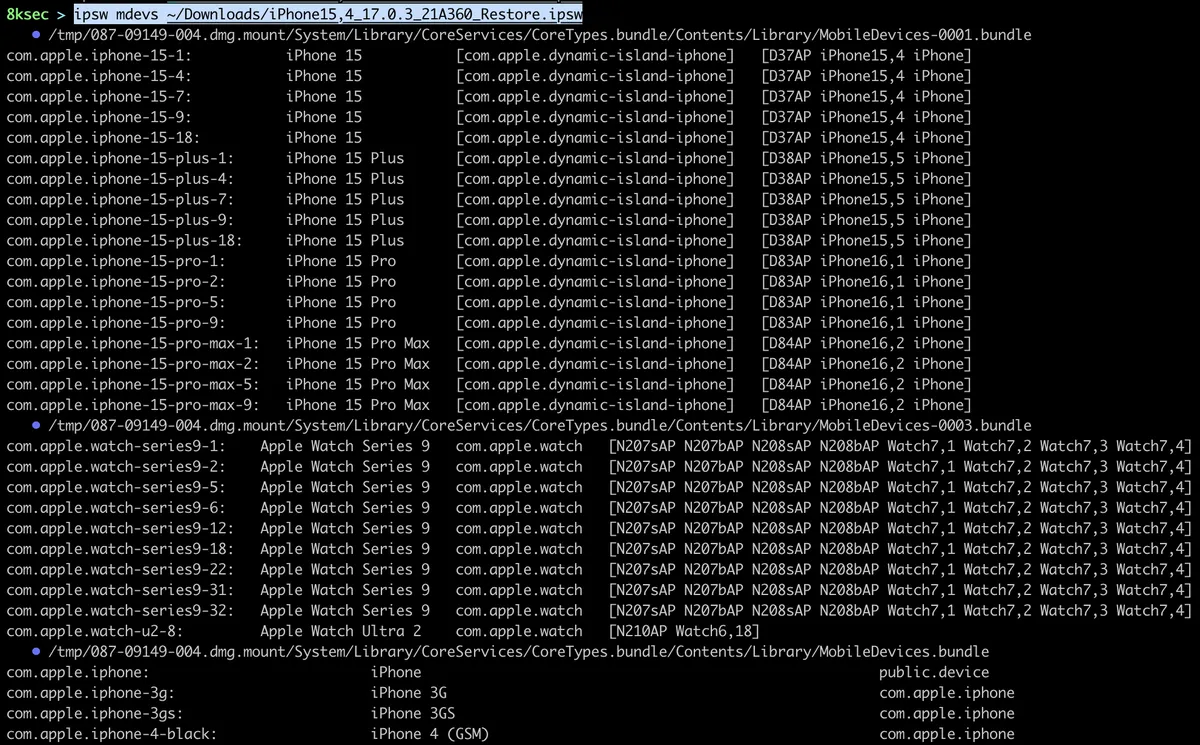 IPSW mdevs command output listing all Apple devices supported by a given IPSW file