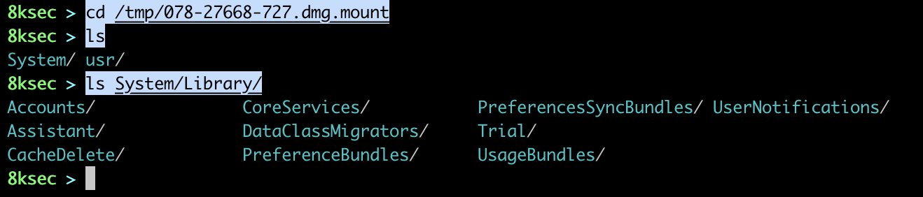 Terminal showing the mounted iOS application partition directory listing after ipsw mount app