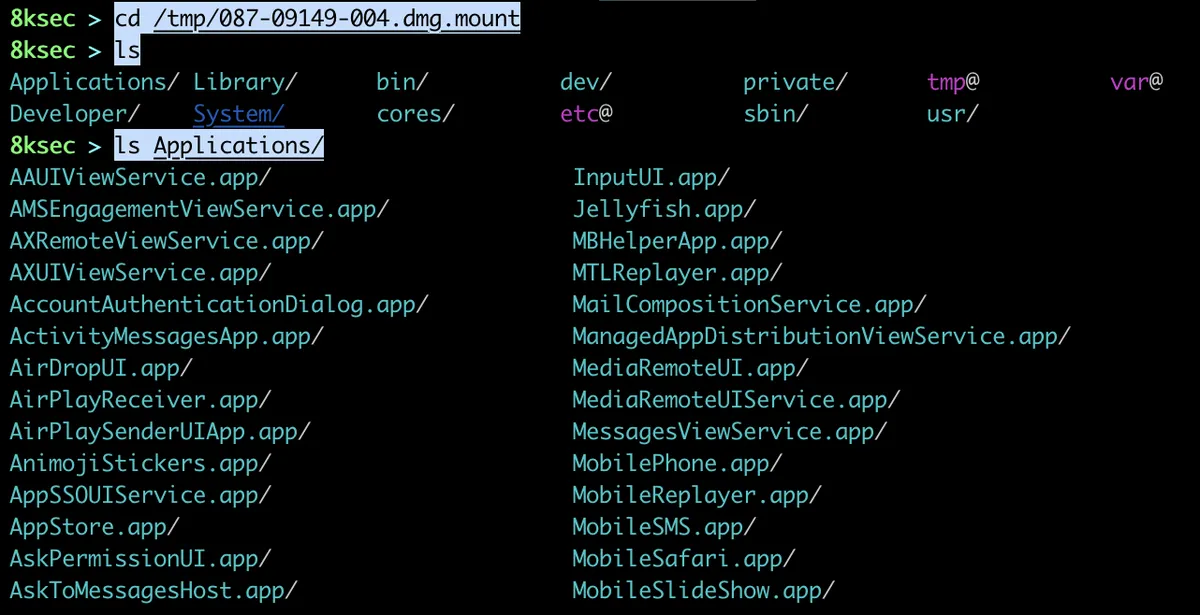 Terminal output showing the mounted iOS filesystem partition contents after running ipsw mount fs