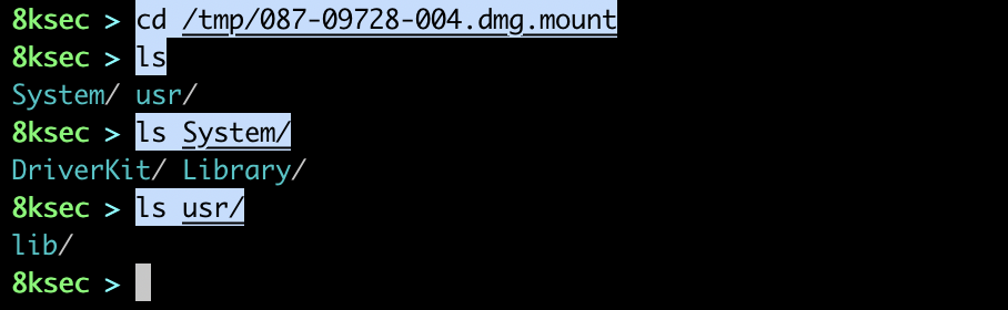 Terminal showing the mounted iOS system partition directory listing after ipsw mount sys