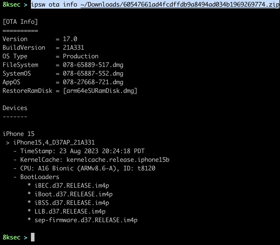 IPSW ota info command showing metadata about an OTA (over-the-air) update file