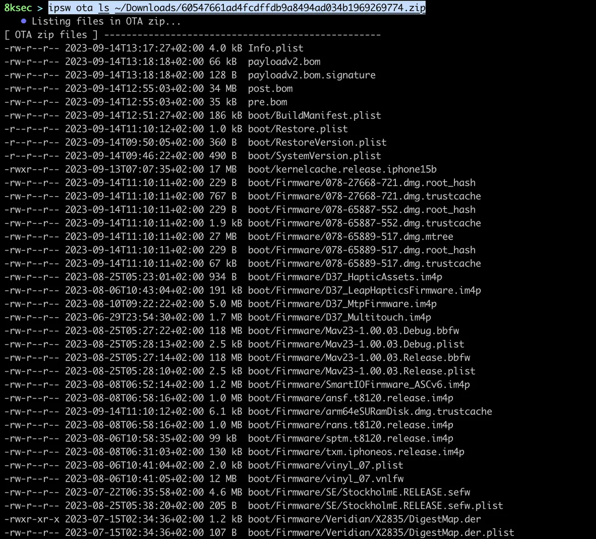 IPSW ota ls command listing contents of an OTA update archive