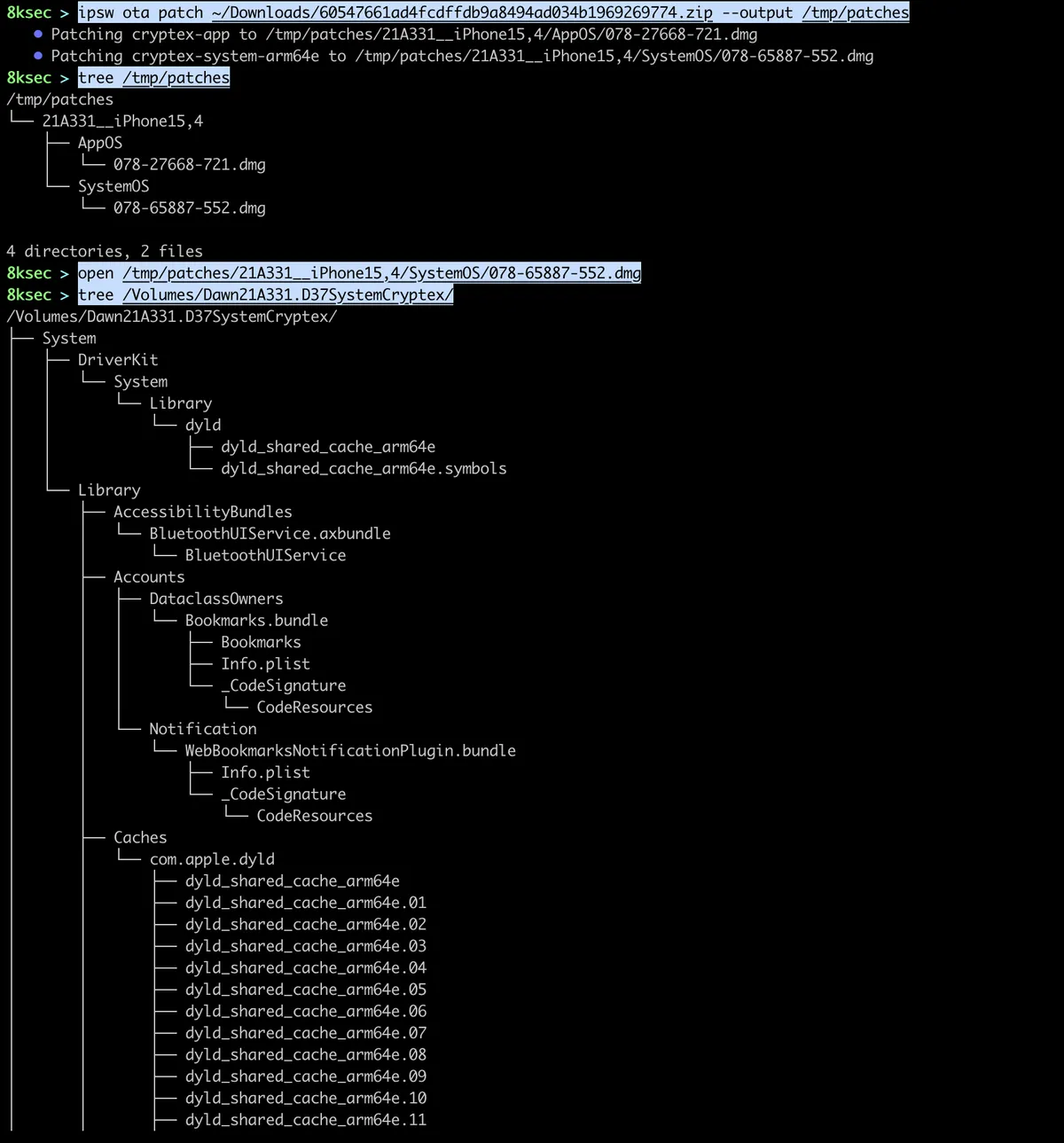 IPSW ota patch command applying a patch to reconstruct a full OTA update from a delta file