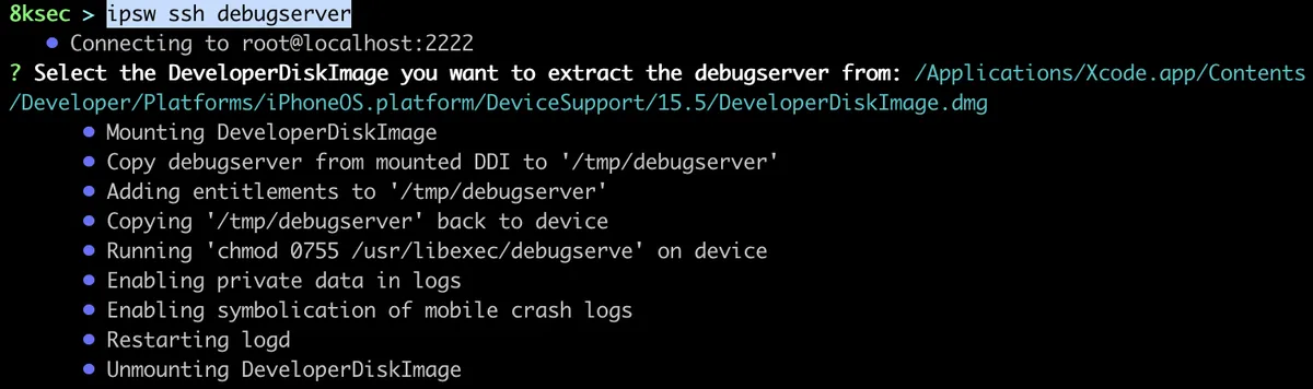 IPSW SSH debugserver command connecting to a debugserver on a jailbroken iOS device over SSH