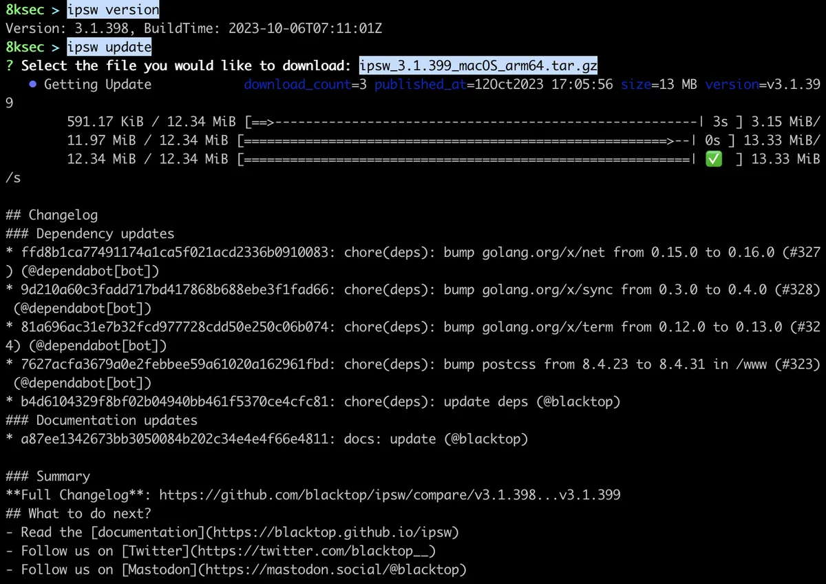 IPSW update check output showing the current ipsw tool version before updating