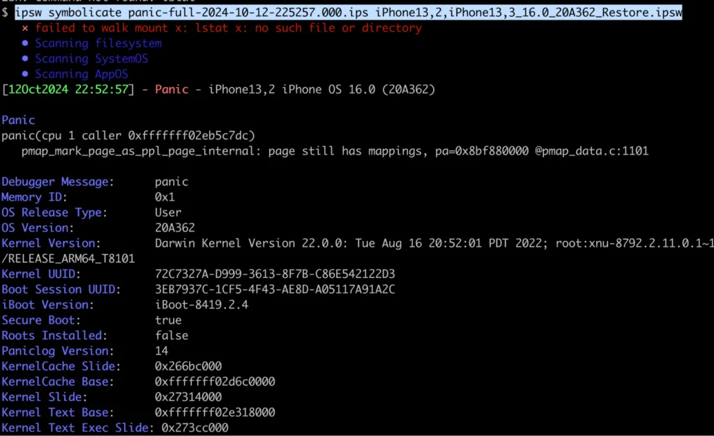 ipsw kernelcache symbolication command running against the extracted kernelcache from the ipsw