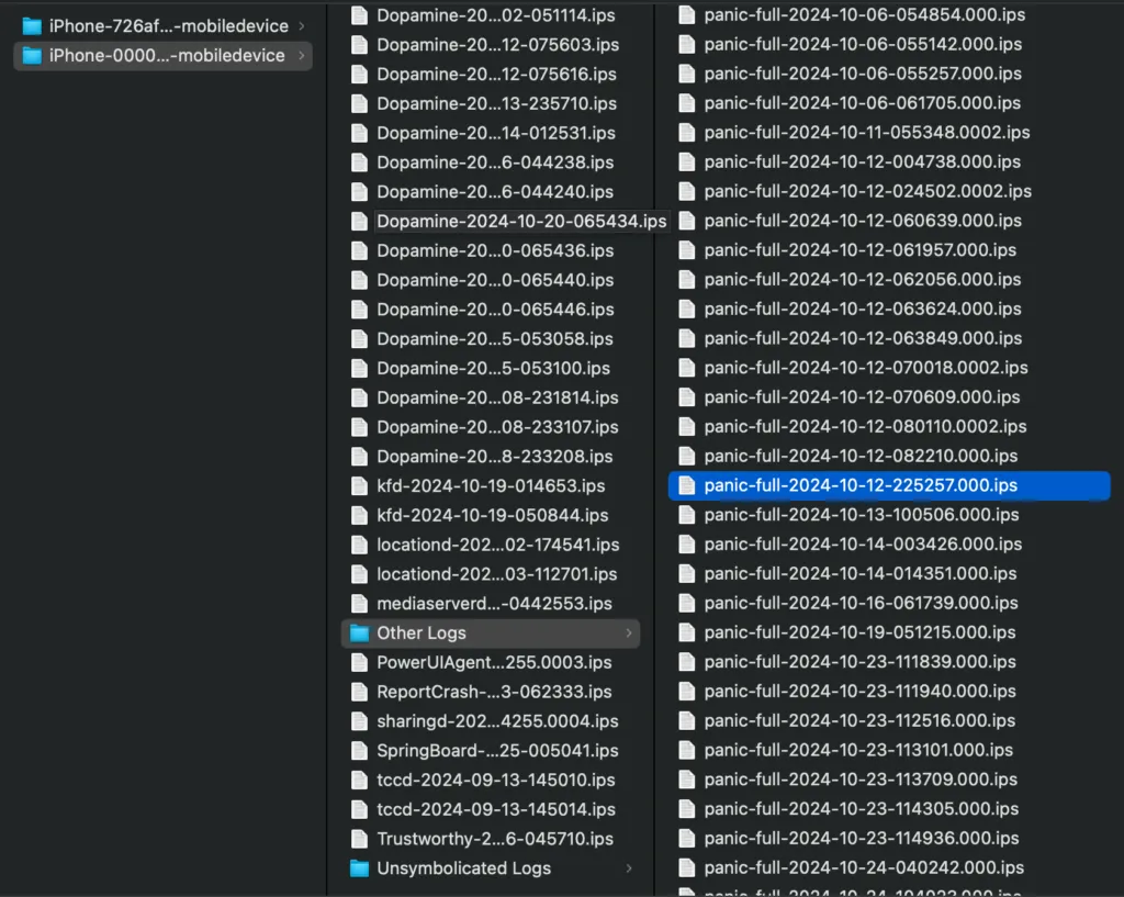 Finder showing extracted panic log files including kernel panic .ips files