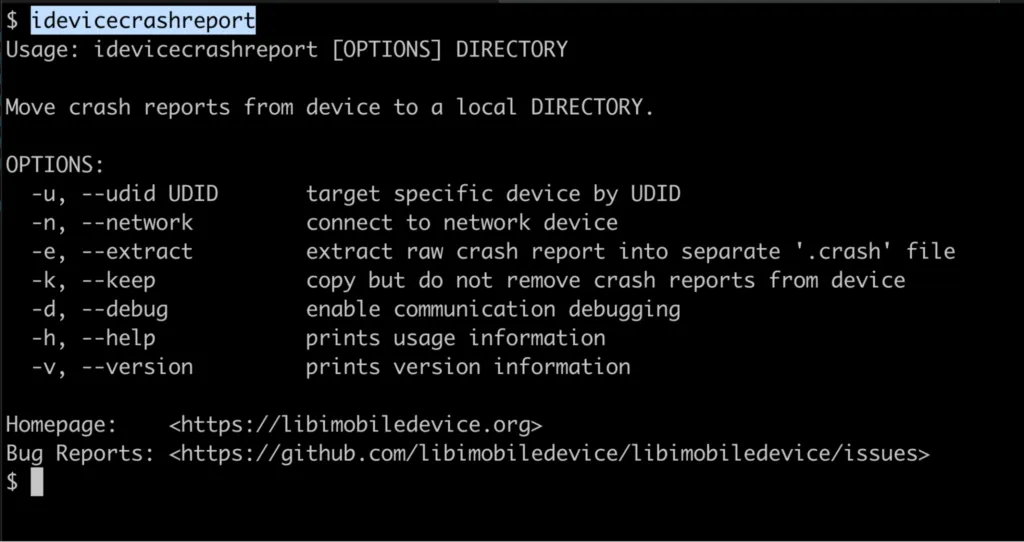 idevicecrashreport tool extracting kernel panic log from iOS device via USB