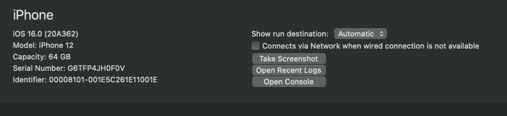 Xcode Devices and Simulators window with Open Recent Logs option highlighted