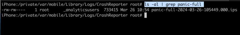 Kernel panic log file visible in CrashReporter directory on jailbroken iOS device