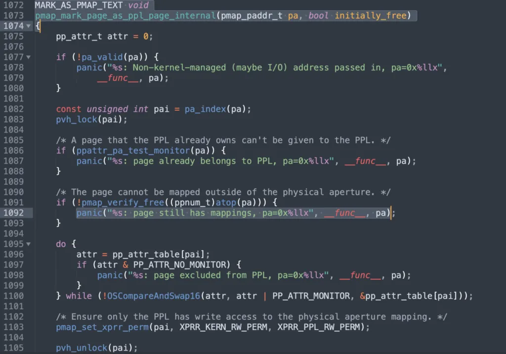 XNU source code showing pmap_mark_page_as_ppl_page_internal function with the matching panic string at line 1092