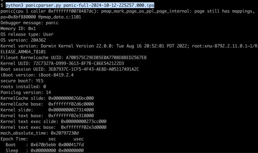 panicparser.py script output converting kernel panic log to a more readable format
