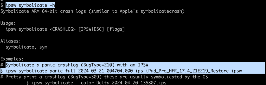 ipsw command being run with the downloaded ipsw file and kernel panic log for symbolication
