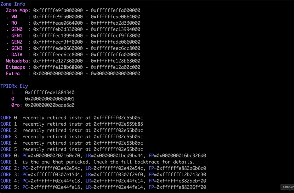 ipsw symbolication output showing kernel function addresses with resolved symbol names