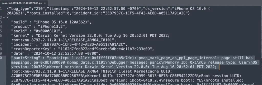 Kernel panic file showing the panic string line identifying the crash reason