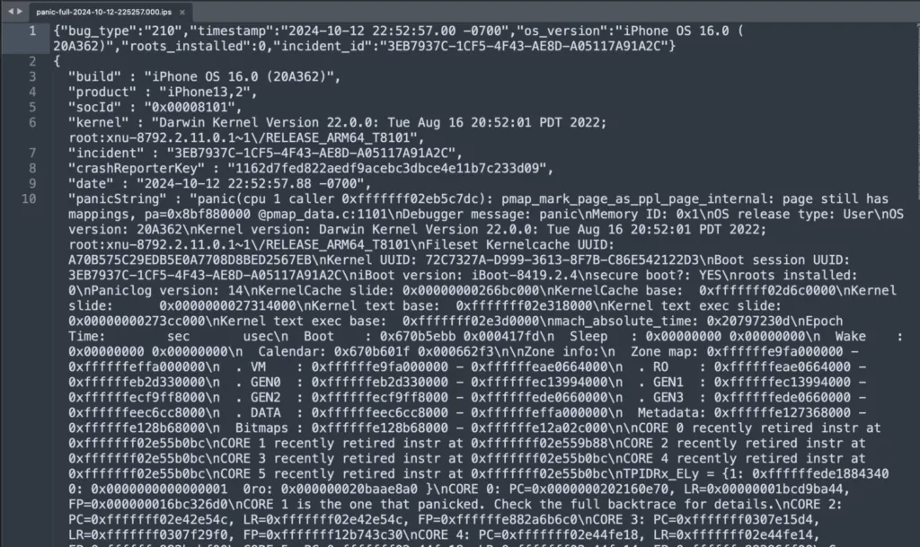 Raw iOS kernel panic log file showing panic string, backtrace, and register values